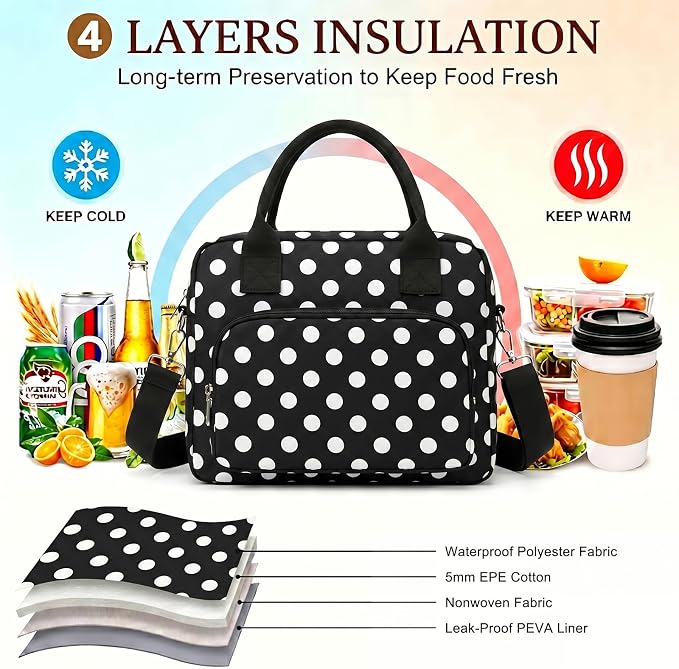Insulated Lunch Bag for Women, Cute Polka Dot Large Capacity Leakproof Portable Thermal Lunch Box with Adjustable Shoulder Strap, Reusable Cooler Lunchbox Tote for Work Office Travel Picnic, Black,Big