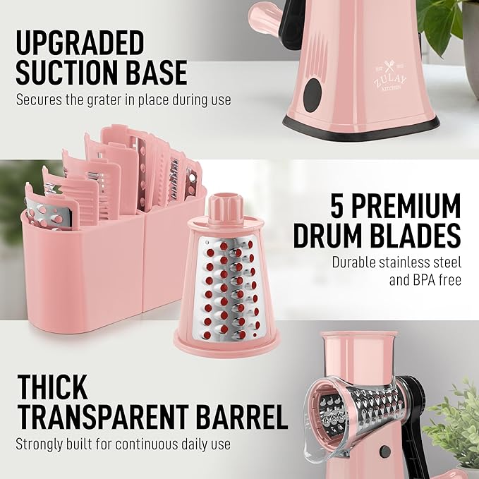 Zulay Kitchen Rotary Cheese Grater 5 Blade Cheese Shredder - Manual Hand Crank Cheese Grater With Reinforced Suction & 5 Interchangeable Drums - Easy to Use, Vegetable Chopper Round Mandoline Slicer