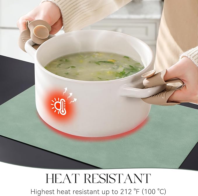 MOSAYT Vinyl Placemats Set of 6-12 X 17 Inch - Faux Leather 100% Waterproof Oil-Proof Wipeable PU Place Mats, Heat Resistant Reversible Table Mats for Kitchen, Dining, Outdoor, Green