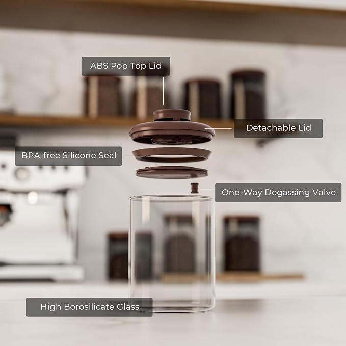 Clear Glass Coffee Canisters 2-Pack with One-Way Valves - Airtight Jars for Pantry Organization - Bulk Storage for Coffee Beans, Cereal, Sugar, Countertop Kitchen Canisters, 15OZ