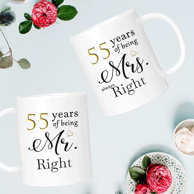 55th Anniversary Coffee Mugs Set of 2, 55 Year Anniversary Wedding Gifts Decorations for Couple Parents Grandparents Men Women Husband Wife Him Her, Gift Box Packaging, 11oz