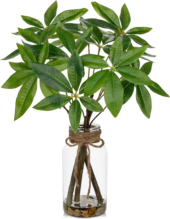 Faux Greenery Stems in Vase Aritificial Money Tree Plant in Glass Vase with Faux Water & Stones 14.2" Small Potted Plants Arrangement Centerpieces for Farmhouse Kitchen Dinner Tables Greenery Decor