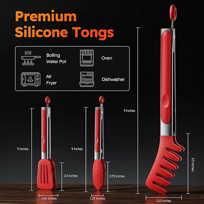 HST 3 Pack Kitchen Tongs, Non Stick Stainless Steel 9 Inch Tongs With Silicone Tip for Cooking BBQ Baking(Red)