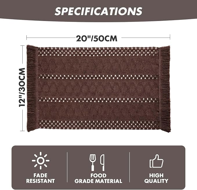 ZeeMart Macrame Style Boho Placemats Set of 6, Chocolate 12x20 Inch | Decorative Farmhouse Table Mats, Natural Cotton Woven Place Mats, Bohemian Home Decor for Kitchen Dining Table