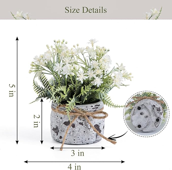 Fake Plants Small with 2 Pack, The Sunflower for Bathroom Shelf Decor, Decorative Plants for Home Living Room Office Bedroom Table Tray Shelve Farmhouse Decor Indoor(White Floral)