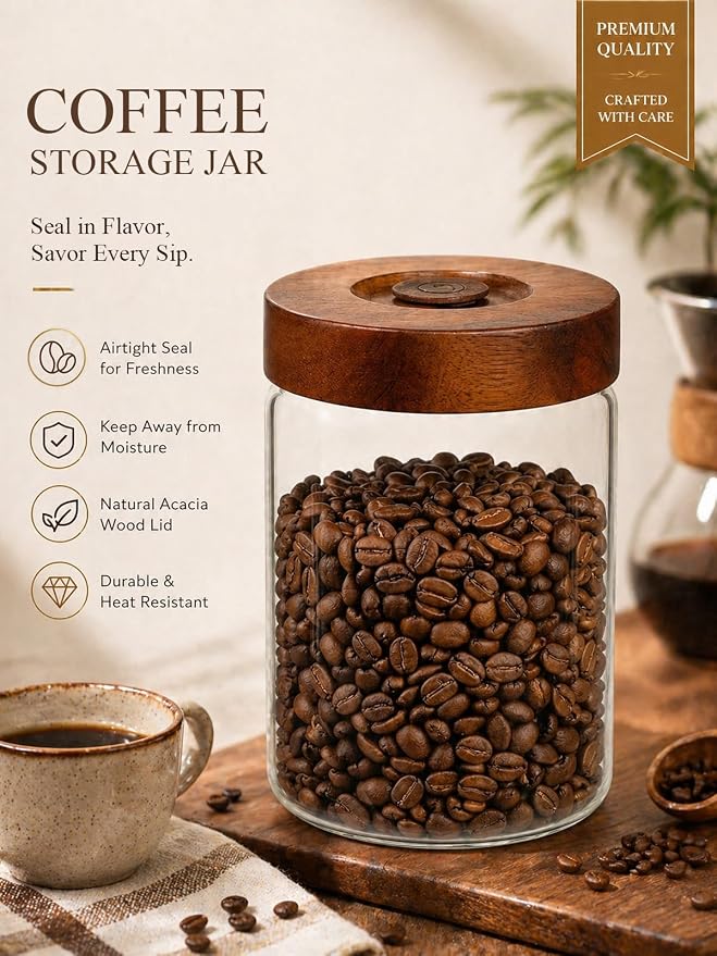 Coffee Canister, 14oz Airtight Coffee Bean Container with Wood Lid | True 14oz Capacity for Whole Beans, One-way Valve Glass Jar with Airtight Wood Lid for Coffee, Tea, Sugar, Spices, and Snacks