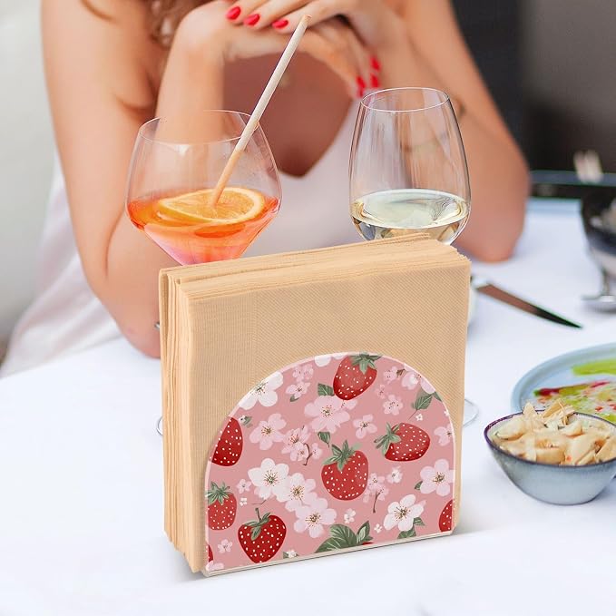 Napkin Holder Acrylic Napkin Holder for Table Kitchen Party Restaurant U Shaped Upright Napkin Dispenser Organizer Pink Blossoms and Strawberries