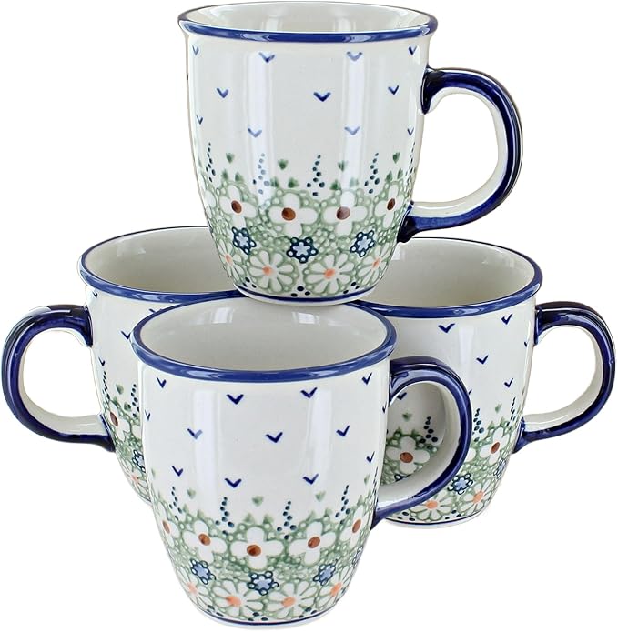 Blue Rose Polish Pottery - Green Daisy 4 Piece Mug Set - 4 8 oz Mugs - Great Mug Set for Entertaining Guests