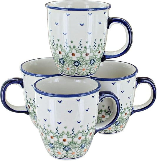 Blue Rose Polish Pottery - Green Daisy 4 Piece Mug Set - 4 8 oz Mugs - Great Mug Set for Entertaining Guests