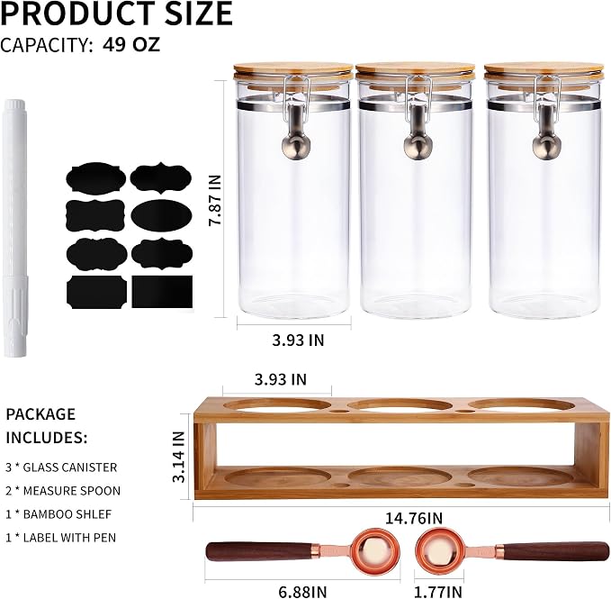 Glass Coffee Storage Container with Bamboo Shelf, 3PCS 49oz Airtight Sealed Coffee Bean Jar with Clamp Lid & Measuring Spoon, Kitchen Pantry Canister Set for Ground Coffee Sugar Tea Flour