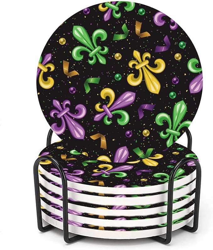 Mardi Gras Coasters for Drinks Set of 6,Round Absorbent Ceramic Stone Coaster with Metal Holder Stand, Fleur De Lis Carnival Coasters with Cork Base for Home Decor Coffee,Kitchen,Party,Gifts