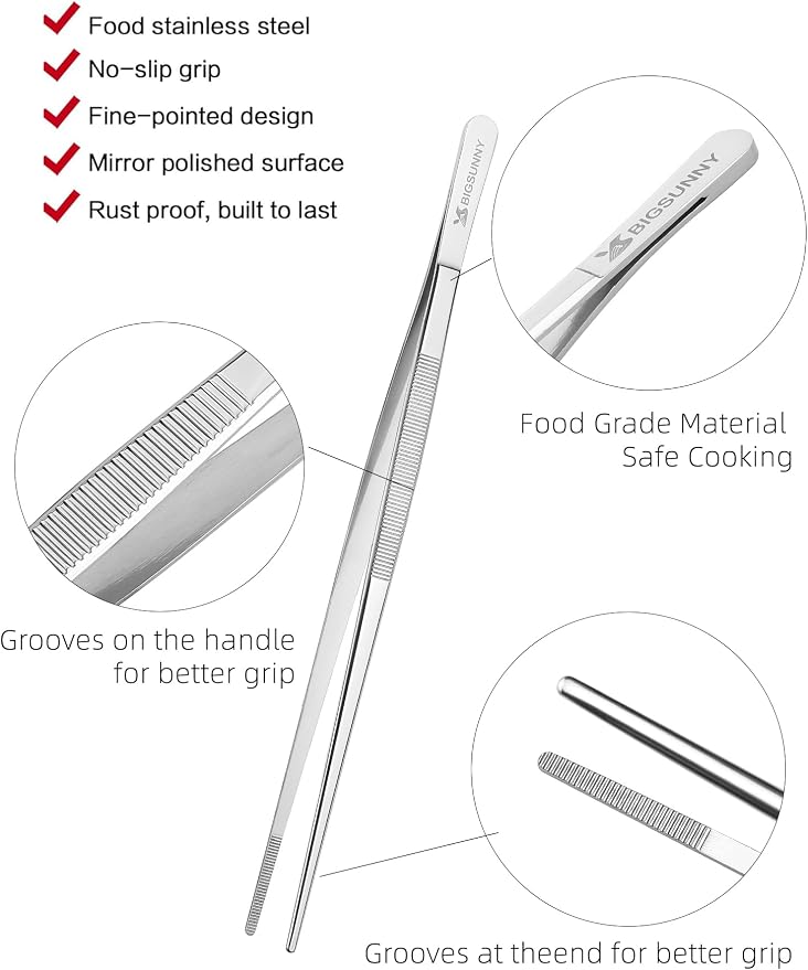 Set of 3 Kitchen Tweezers Fine Tweezer Tongs, MSY BIGSUNNY Stainless Steel Food Tweezers, Precision Serrated Tips Food Tongs (8.5" 10" and 12")