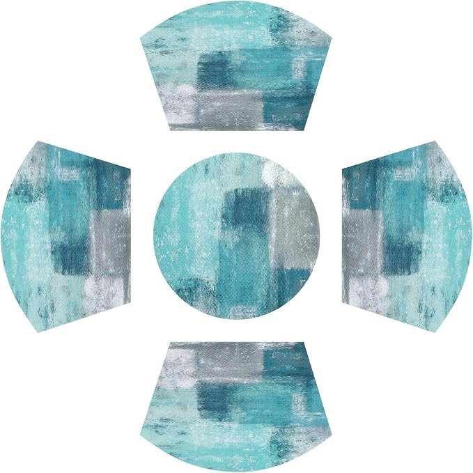 SHACOS Small Round Table Placemats Set of 5 Woven Vinyl Wedge Placemats with Centerpiece Round Table Mats Wipe Clean, Turquoise Grey Abstract Painting