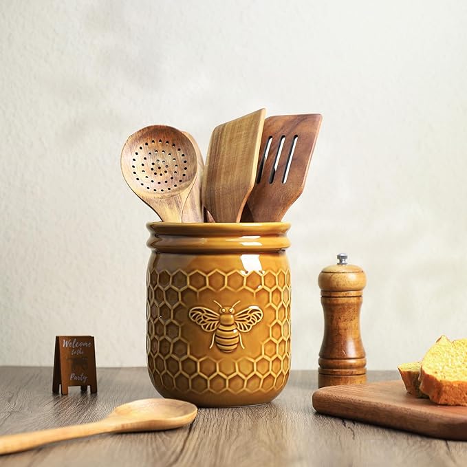 Retro Honeycomb and Bee Embossed Ceramic Kitchen Utensil Holder, Large Cooking Utensil Crocks for Kitchen Countertop, Ceramic Utensil Organizer for Spatula, Kitchen, Home Decoration