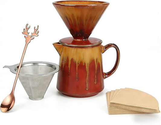 Pour-Over Coffee Pot, Vintage Ceramic Coffee Pot with Stainless Steel Coffee Filter, 40 Filter Papers, Stainless Steel Spoon, 15.9 oz/470 ml Pour-Over Coffee Filter Set