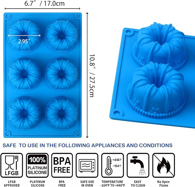Sidosir Mini Blossom Fluted Tube Cake Pan, 6 Cavity Heritage Fluted Tube Cake Silicone Blossom Mold for Family Baking,Non Stick Fancy Design Molds for Fluted Tube Cake, Mousse Cups, Jelly