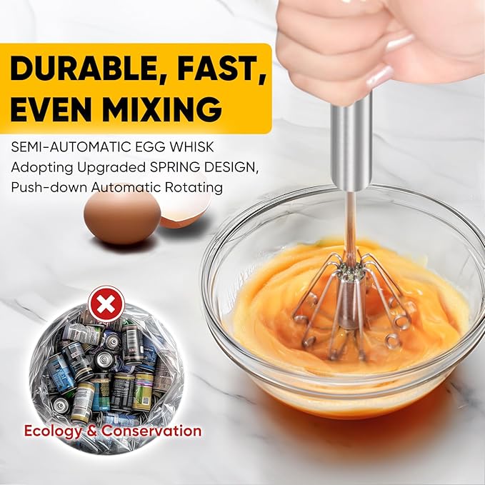 OOKUU Stainless Steel Egg Whisk, Whizzy Whisk, Semi Automatic Wisk Blender for Home - Versatile Tool for Egg Beater, Hand Push Blender, for Blending, Beating & Stirring (2Pack 12in)