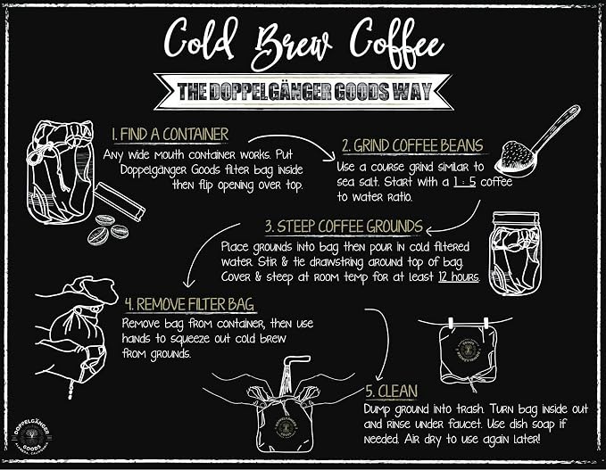 (2-Pack, Medium 8in x 12in) Organic Cotton Cold Brew Coffee Bag - Designed in California - Reusable Coffee Filter with EasyOpen Drawstring Cold Brew Maker for Pitchers, Mason Jars, & Toddy Systems