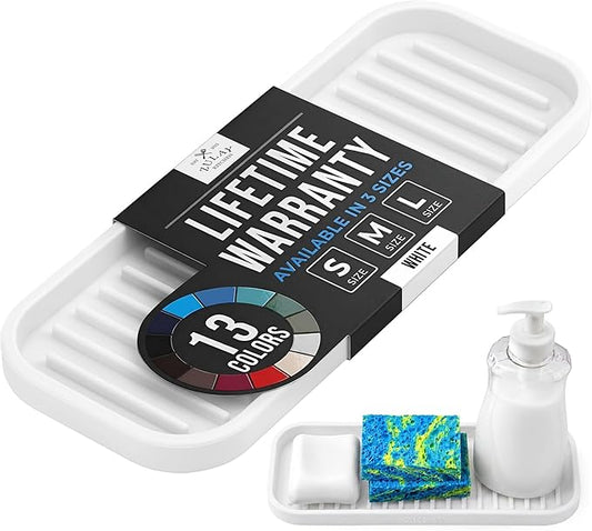 Zulay Kitchen (9x3.5) Silicone Sponge Holder for Kitchen Sink - Flexible Multipurpose Soap Tray - Sink Organizer for Kitchen, Bathroom, Makeup, Trinkets & More (White)