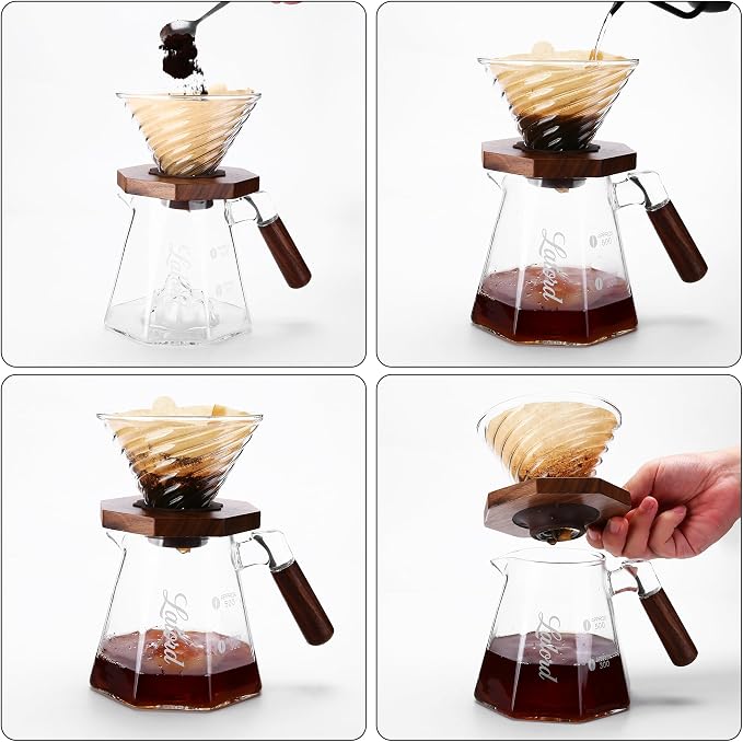 Lalord Pour Over Coffee Maker, 20 oz Borosilicate Glass Set with 100 pcs Paper Filter, Walnut Collar & Glass Lid, Drip Coffee Maker, 1-3 Cups, Clear (B-600 ml Set)