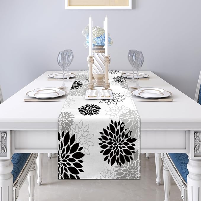 Dahlia Flower Table Runner 13x71 Inch Farmhouse Black Gray Runners Modern Table Decorations Rustic Geometric Coffee Table Runner for Home Kitchen Dining Room Party (13"x71", Dahlia Floral-Black)