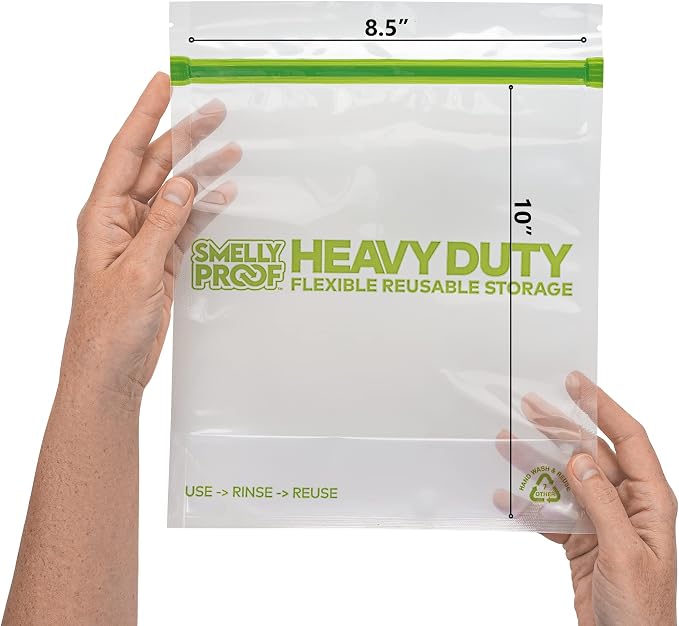 HEAVY DUTY Reusable STAND-UP Bags for Food Storage by Smelly Proof, USA Made, NO PEVA & BPA FREE, Reusable Freezer Bags, Dishwasher-Safe, Triple Zip, CLEAR 5-mils LRG Quart 8.75" x 9.5" - 5pk