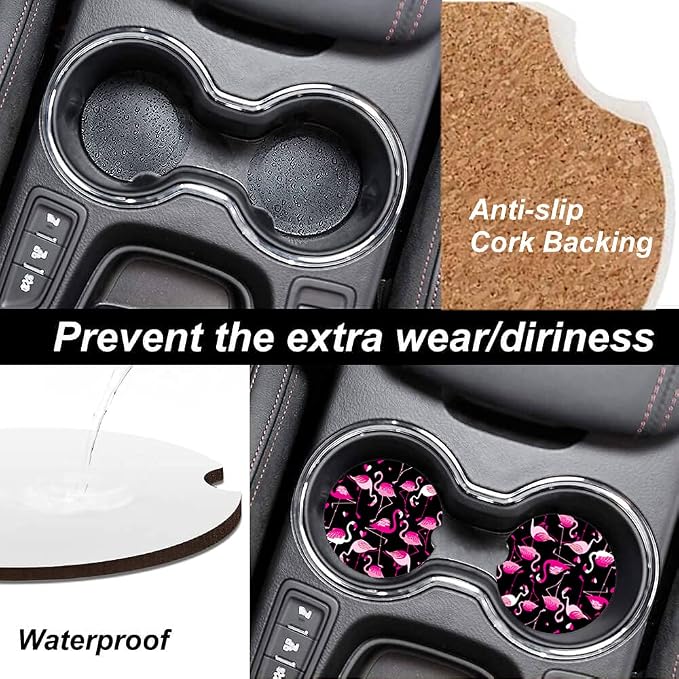 Pink Flamingo Animal Absorbent Cup Holders Car Coasters,Ceramic Stone Drinks Coaster Set for Women Man 2.56"(2 Pack)