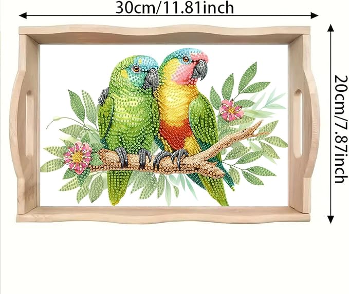 BAYUNOE DIY Diamond Serving Tray Rectangular Wooden Breakfast Tray with Handle Handmade Diamond Art Painting Spring Creative Dinner Plate Coffee Room Living Home Organizer-Parrot