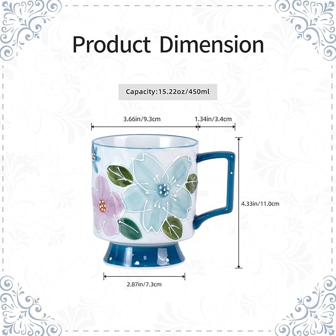 KAMMAK Ceramic Blue Coffee Mug, 15oz Large Mugs Set of 2, Novelty Cup for Tea, Juice, Milk, Cute Porcelain Water Cups with Handle for Women, Dishwasher and Microwave Safe