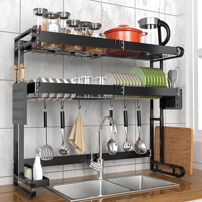 MINGLING Over The Sink Dish Drying Rack, Full Stainless Steel Large Storage Kitchen Dish Rack, 2 Tier Expandable Height and Length, Black 21.5"~37" W x 25"~30" H x 11.8" D