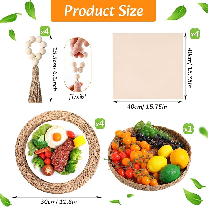 4 Sets Boho Decoration Placemats Round Woven Placemats, Cloth Napkins, Wood Bead Napkin Rings, Long Table Runner and Farmhouse Burlap Cotton for Table Kitchen (Khaki,12x72)