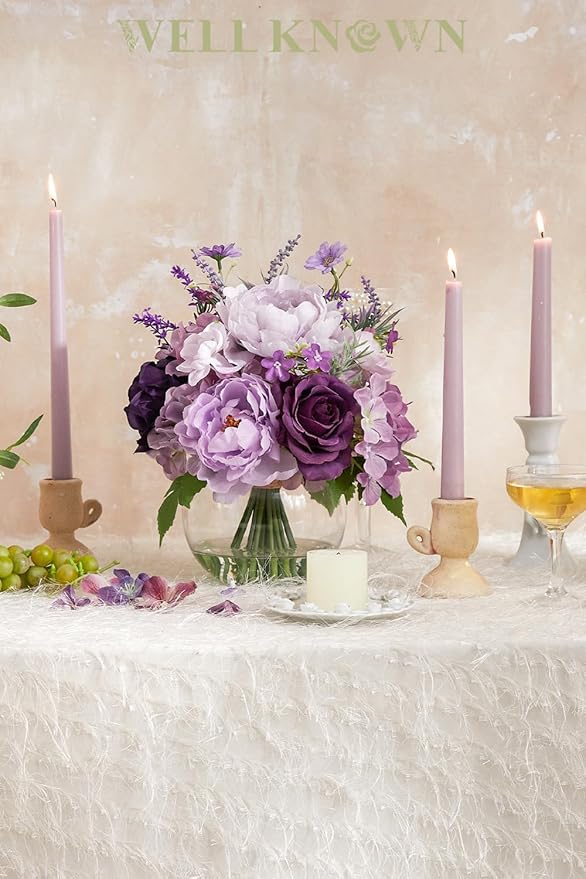 Artificial Flowers in Vase for Home Decor, Fake Lavender & Silk Peony Rose Bouquet Centerpieces in Glass Vase with Fake Water for Party Wedding Dinning Table Office Hotel Decor (Lavender Purple Mixed)