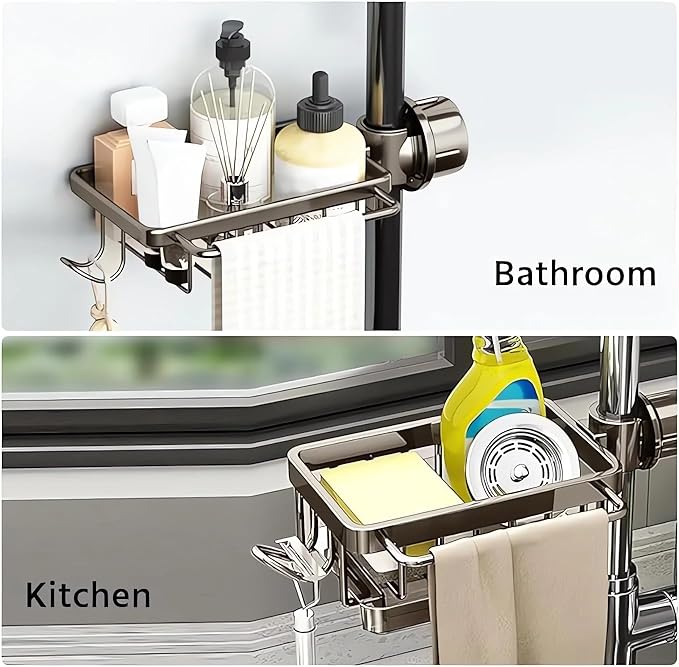 Kitchen Sink Faucet Organizer, Kitchen Sink Organizer Over Faucet, Over Sink Dish Drying Rack, Sponge Holder for Kitchen Sink, for 0.7-1.1 inch Round Water Pipe (Black, Integrated Type)
