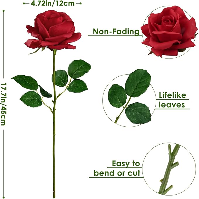 Eyamuno 7pcs Artificial Rose Fake Flowers Long Stem Fake Silk Real Touch Roses for DIY Wedding Party Table Centerpiece Home Decor, 45CM, Red-45cm