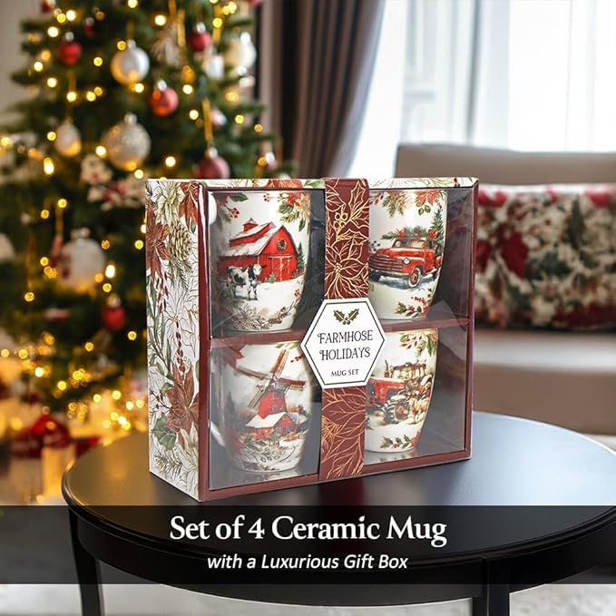 OrnamentallyYou Coffee Mug Holiday Kitchen Drinkware, Multiple Designs Available (Fancy Farmhouse Holiday Set of 4 Ceramic Mugs)