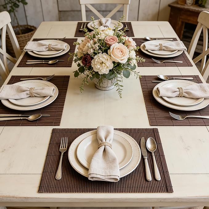 4-Pack Bamboo Placemats,Woven Heat-Resistant Rectangular Table Mats, Natural Rectangular Dining Place Mats, Rustic Japanese Style Plate Mats for Indoor Dining, Kitchen and Party Use(Chocolate