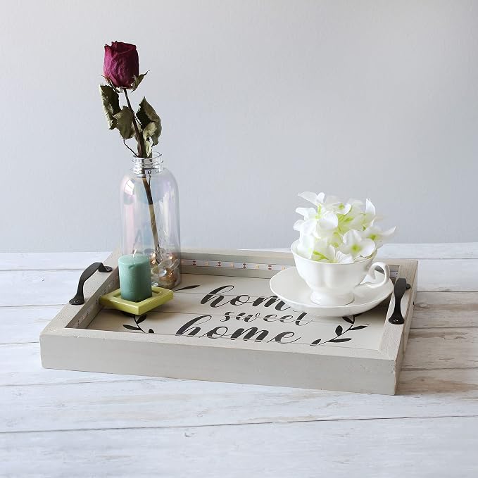 Elegant Designs HG2032-GHH Salento Farmhouse Rectangular Decorative LED Light Up Wooden Serving Tray w Metal Handles & Home Sweet Home in Black for Décor, Centerpiece, Breakfast, Bar, Gray Wash