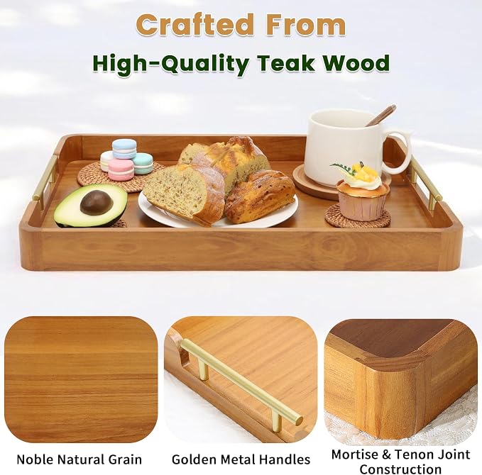Solid Teak Wood Serving Tray with Handles, 20"x14"x2" Large Ottoman Tray for Living Room Kitchen Party, Decorative Rustic Rectangular Tray for Home Coffee Table Breakfast Dinner Bar