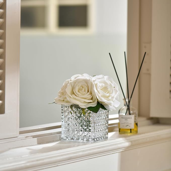 Fule Artificial Silk Rose Flower Centerpiece Arrangement in Glass Vase with LED Light for Home Wedding Decoration (Ivory)
