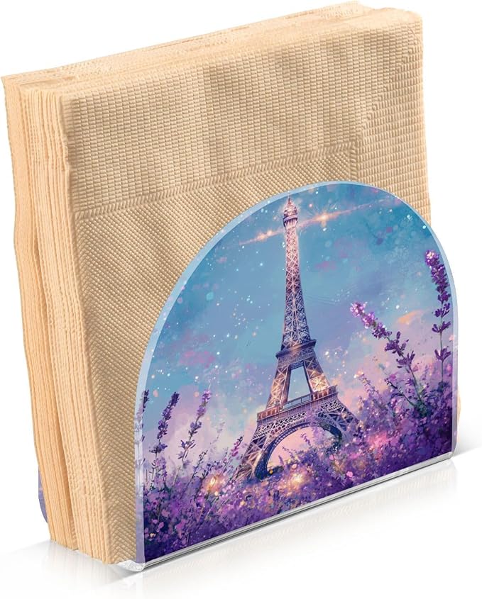 Napkin Holder Acrylic Napkin Holder for Table Kitchen Party Restaurant U Shaped Upright Napkin Dispenser Organizer Lavender Eiffel Tower Purple
