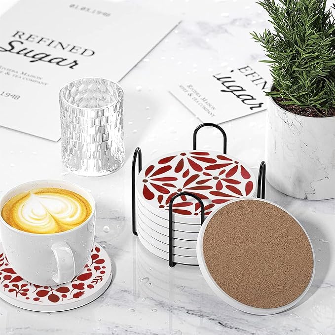 Drink Absorbent Coasters with Holder Set of 6, Ceramic Stone with Cork Base, Modern Red Abstract Geometric Coaster for Drinks, Gift for Housewarming Room Bar Home Decor Kitchen