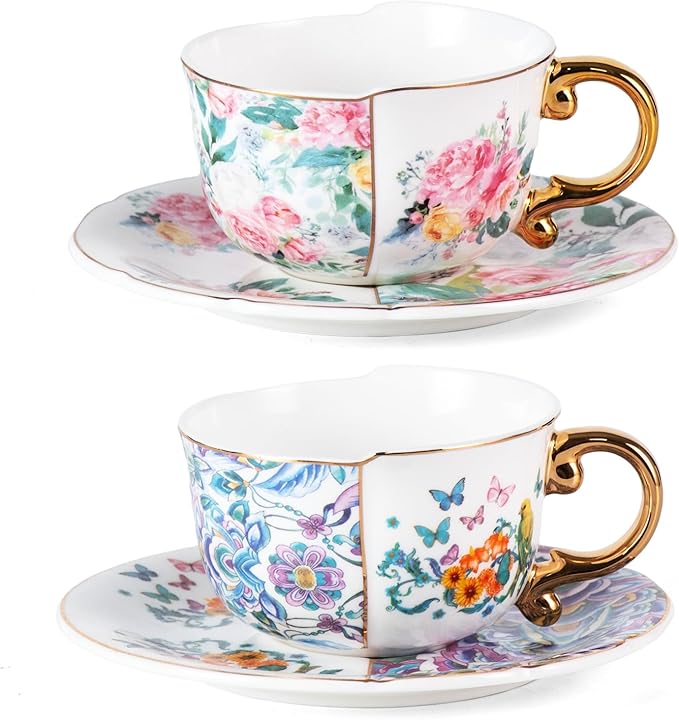 KAMMAK Tea Cups and Saucers Set of 2, Fine Bone China Coffee Cups, 8.45-Ounce Stackable Espresso Mugs, Ceramic Demitasse for Coffee, Cappuccino, Latte, Americano, Tea, Peony + Parrot