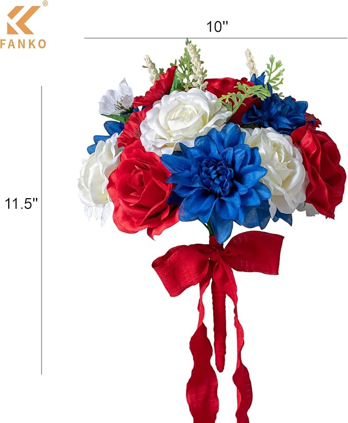 FANKO Artificial Flowers for DIY, Red White Blue Faux Flowers Bouquet, Fake Rose Poppy Dahlia Silk Flowers for 4th of July, Home Decor, Garland, Patriotic Holidays, Memorial Day, Summer Party
