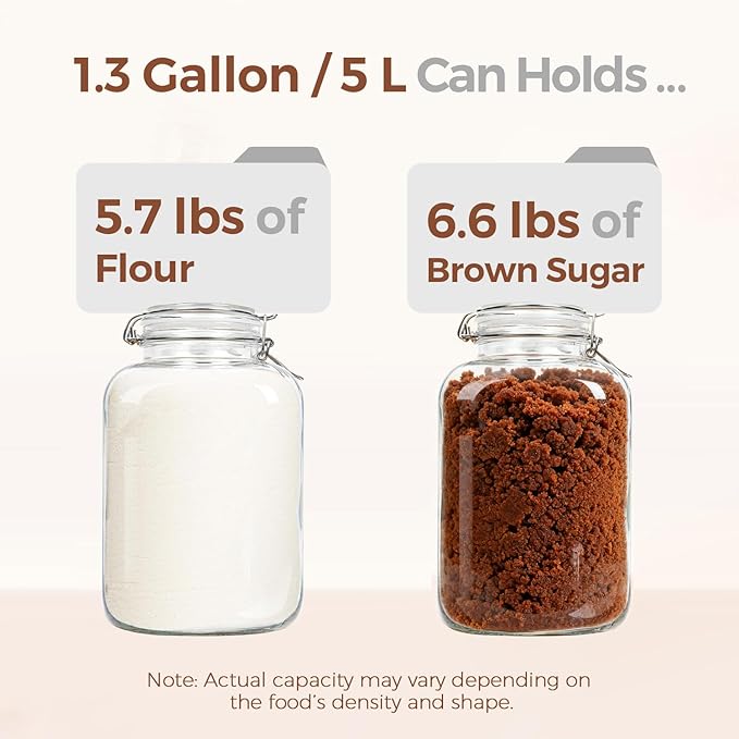 ComSaf 5L Square Glass Jars with Airtight Lids (1.3 Gallon, Set of 2), Space-Saving Canisters for Bulk Flour & Rice Storage, Ideal for Large-Batch Fermenting, Pickling & Kombucha