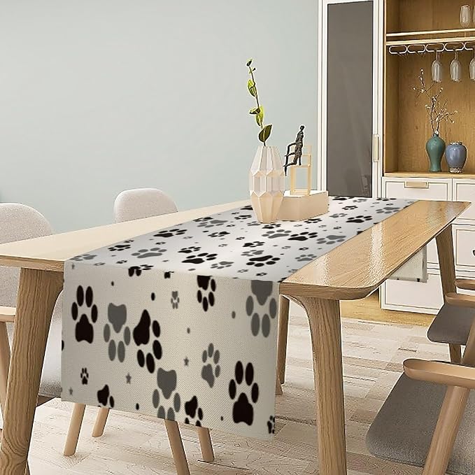 Dog Paw Print Table Runner, Cartoon Grey Simple Cute Cat Dog Animal Paw Print Table Decor Table Top Dining Kitchen Wedding Party 13x70 in