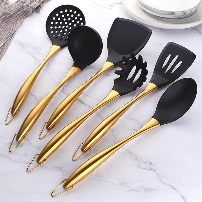 Silicone Cooking Utensils Set, 17pcs Kitchen Utensil Set with Rotatable Holder, Heat-Resistant Silicone Utensils for Cooking, Non-Stick Spatula Set with Stainless Steel Handle,Turner,Ladle (Gold)