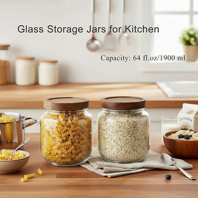 Set of 2 Cookie Jars with Airtight Lid, 1/2 Gallon Glass Jars with Acacia Wooden Lid, 64 oz Wide Mouth Mason Jar for Coffee, Sugar, Candy, Pasta, Oats