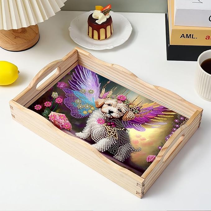 DIY Diamond Serving Tray Diamond Art Painting Creative Design Handmade Wooden Tray Dinner Plate for Coffee Breakfast Home Organizer-Dog