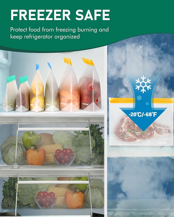 IDEATECH 12 Pack Reusable Food Storage Bags, Stand-Up Freezer Bags | Leakproof Stand-Up Bags, BPA-Free Food Grade, Dishwasher Safe, Fridge and Freezer Safe for Snacks, Product, Fruit & Meal Prep