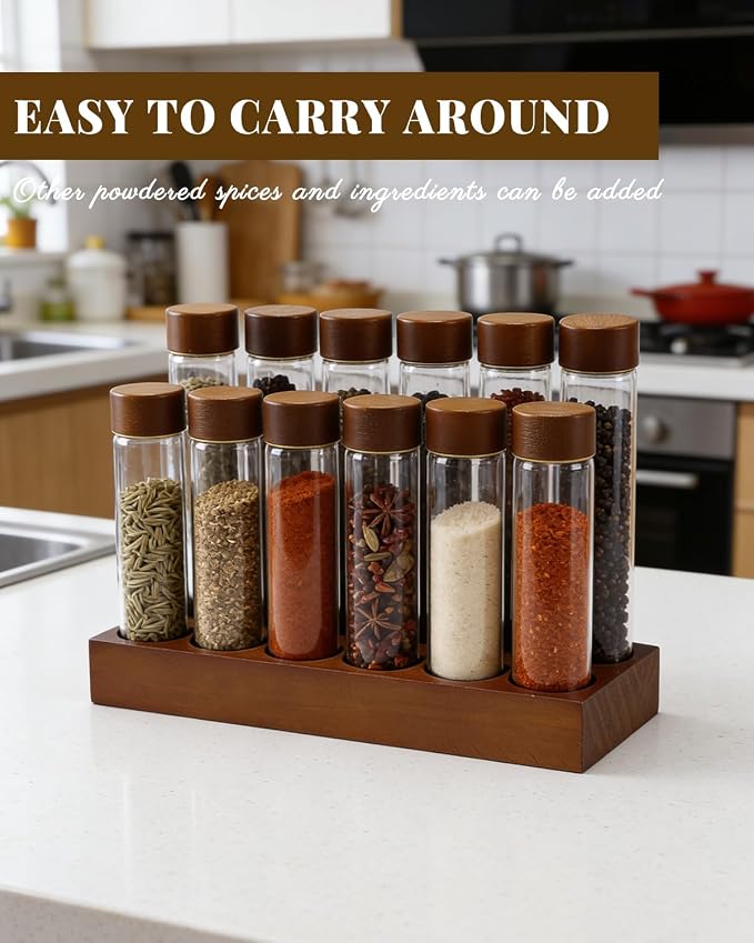 Single Dose Coffee Bean Storage Tubes, 12 Pcs Coffee Container Set 60ml &80ml Glass Small Coffee Bean Jar with Wooden Lids, Walnut Stand, Foldable Silicone Funnel & Labels